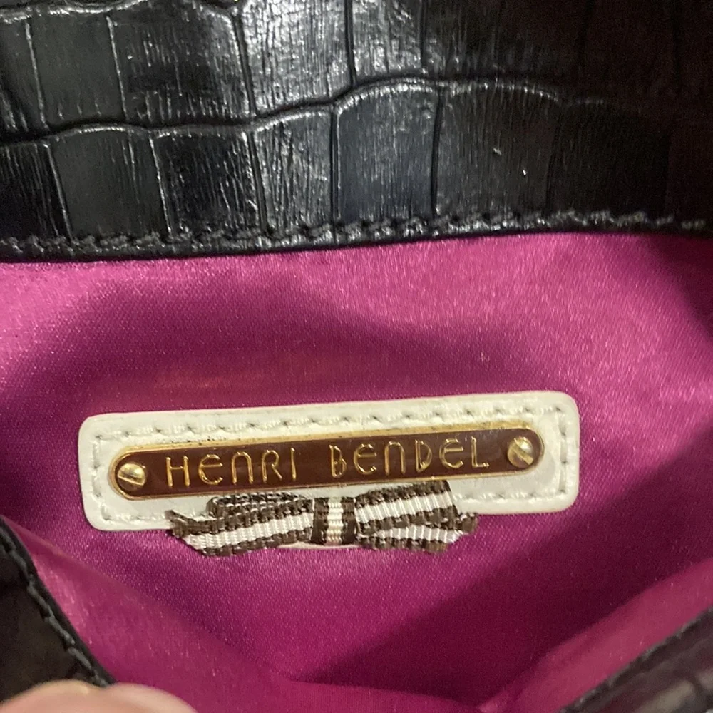henri bendel Black Croc-Embossed Leather Wristlet Clutch with Gold Hardware